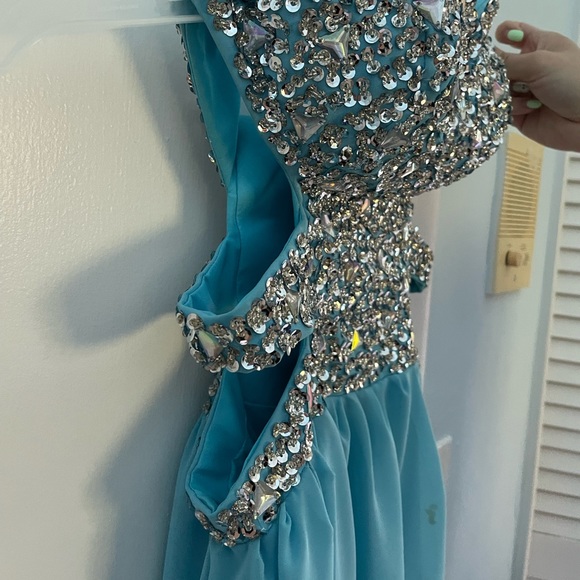 Strapless Light Blue Maxi Dress with Rhinestones & Side Slits - Picture 3 of 4